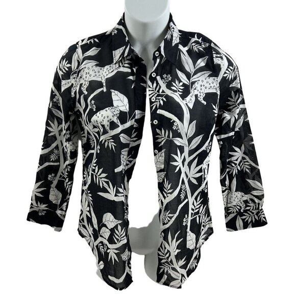 Talbots M Shirt Tropical Panther Jungle Cat Print Sheer Blouse Black White Top - Picture 10 of 11